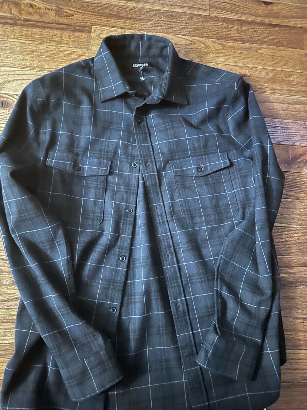 Express Men’s Black Plaid Button-Down Shirt with Light Grid